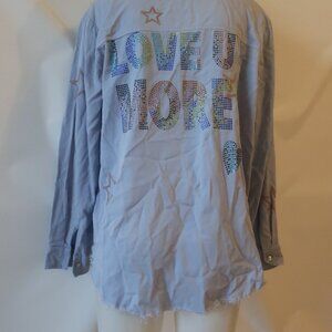 NWT Womens Moving Forward Blue Star "Love U More" Button Down Shirt S